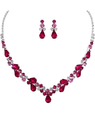 Women's Stunning Rhinestone Crystal Teardrop Statement Necklace Hypoallergenic Drop Earrings Set, 15"+6" Extender Fuchsia Pin...