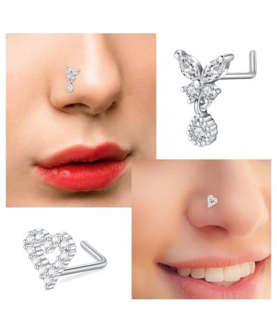 20G 18G Dangle Nose Rings Studs Stainless Steel Nose Screws CZ L Shaped Nose Studs Heart Nose Rings for Women Nostrial Pierci...