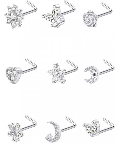 9Pcs 20G Stainless Steel Nose Rings L Shaped Nose Studs Flower Screw Nose Rings for Women Men Nose Piercing Set L Shaped Silv...