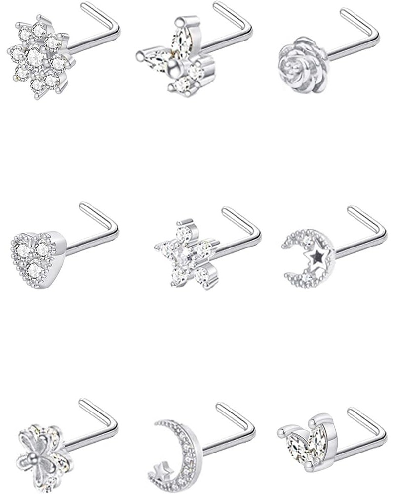 9Pcs 20G Stainless Steel Nose Rings L Shaped Nose Studs Flower Screw Nose Rings for Women Men Nose Piercing Set L Shaped Silv...