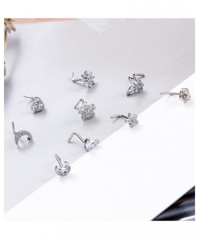 9Pcs 20G Stainless Steel Nose Rings L Shaped Nose Studs Flower Screw Nose Rings for Women Men Nose Piercing Set L Shaped Silv...