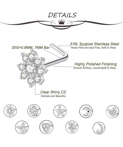 9Pcs 20G Stainless Steel Nose Rings L Shaped Nose Studs Flower Screw Nose Rings for Women Men Nose Piercing Set L Shaped Silv...