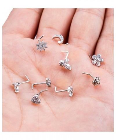 9Pcs 20G Stainless Steel Nose Rings L Shaped Nose Studs Flower Screw Nose Rings for Women Men Nose Piercing Set L Shaped Silv...