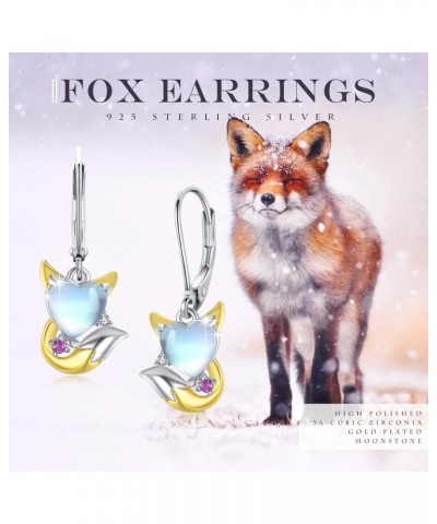 Fox Earrings for Women 925 Sterling Silver Fox Moonstone Earrings Moonstone Dangle Drop Earrings Fox Animal Moonstone Jewelry...