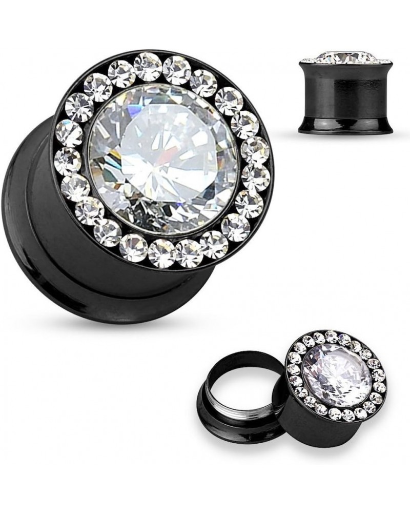 Large CZ Centered Rim 316L Surgical Steel Double Flared Screw Fit Tunnels 2GA (6mm), Length: 12mm, Black $11.87 Body Jewelry