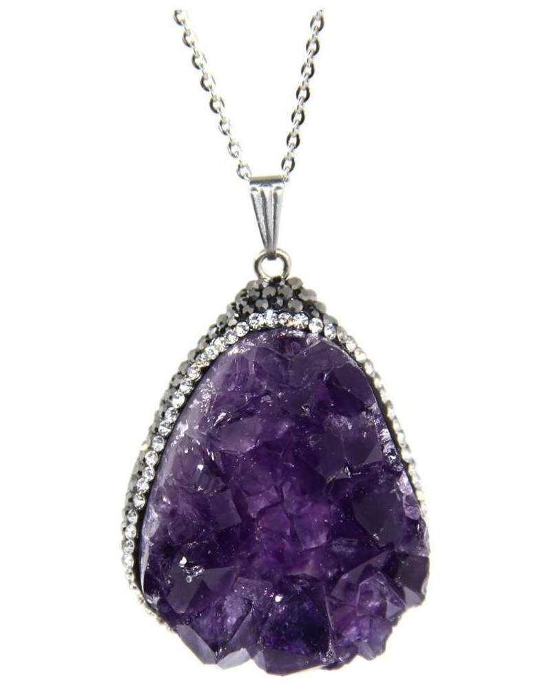 Natural Purple Crystal Amethyst Drusy-Quartz Pear Shape Gemstone Pendant Stainless Steel Chain 20 Inch $8.95 Necklaces