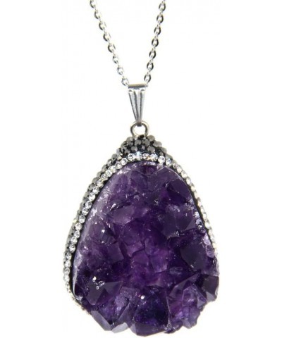 Natural Purple Crystal Amethyst Drusy-Quartz Pear Shape Gemstone Pendant Stainless Steel Chain 20 Inch $8.95 Necklaces