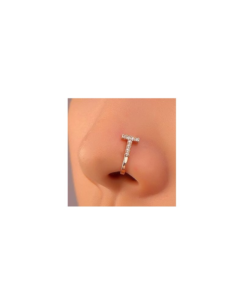 Crystal Initial Nose Ring Gold Fake Septum Nose Rings Copper Inlaid Zircon Letter S Nose Cuff Tiny Alphabet U-shaped Clip On ...