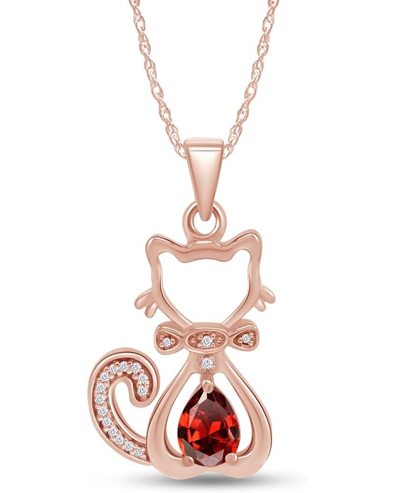 Pear & Round Cut Simulated Birthstone & White Natural Diamond Accent Cute Cat Kitty Pendant Necklace Along With 18" Silver Ch...