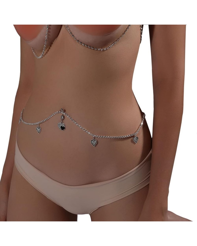 Sexy Rhinestone Waist Chain Navel Piercing Dangle Belly Button Rings Waist Chain Bikini Crystal Heart Belly Chain for Women B...