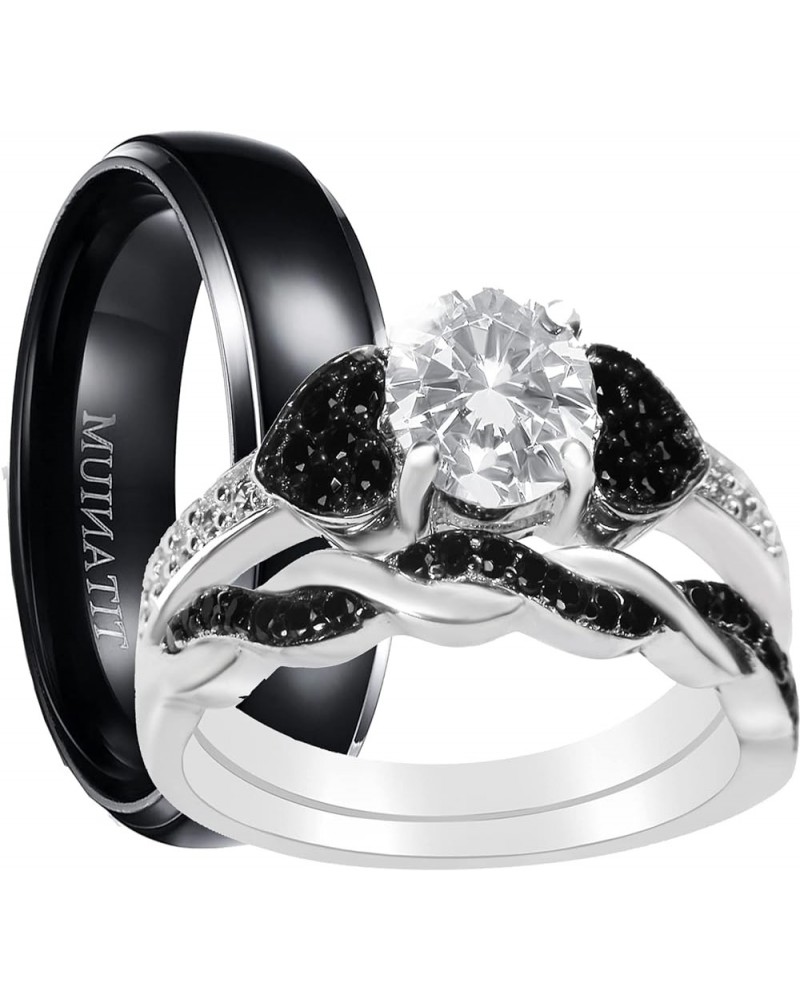 His and Hers 3 Piece Trio Sterling Silver Black Titanium Wedding Band Engagement Ring Set Her 06-His 13 $46.55 Sets