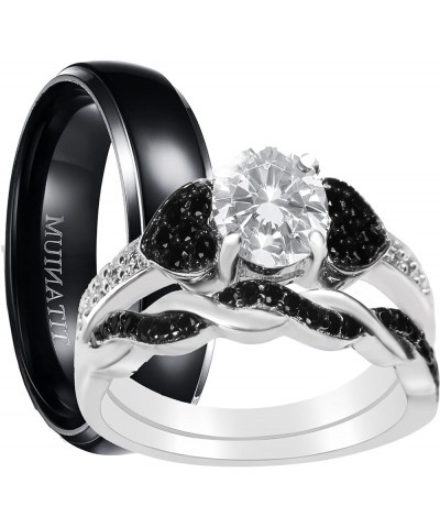 His and Hers 3 Piece Trio Sterling Silver Black Titanium Wedding Band Engagement Ring Set Her 06-His 13 $46.55 Sets