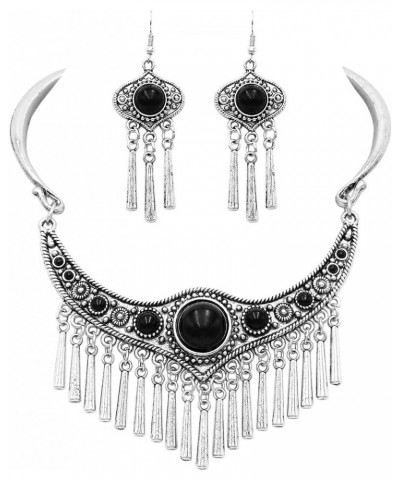 Women's Western Style Statement Silver Tone Metal Fringe Natural Howlite Stone Collar Necklace Earrings Set, 11"+2" Extension...