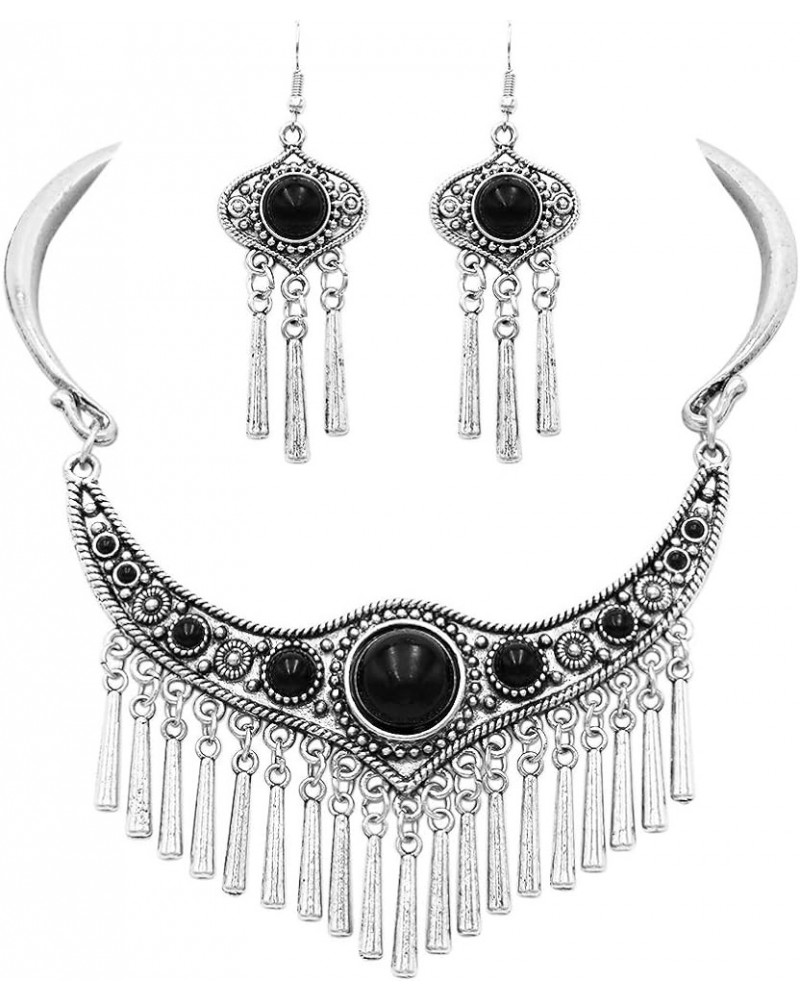 Women's Western Style Statement Silver Tone Metal Fringe Natural Howlite Stone Collar Necklace Earrings Set, 11"+2" Extension...