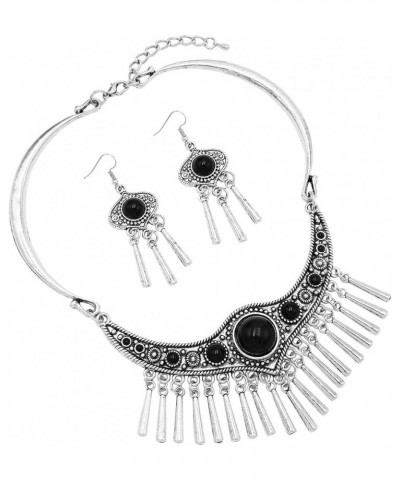 Women's Western Style Statement Silver Tone Metal Fringe Natural Howlite Stone Collar Necklace Earrings Set, 11"+2" Extension...