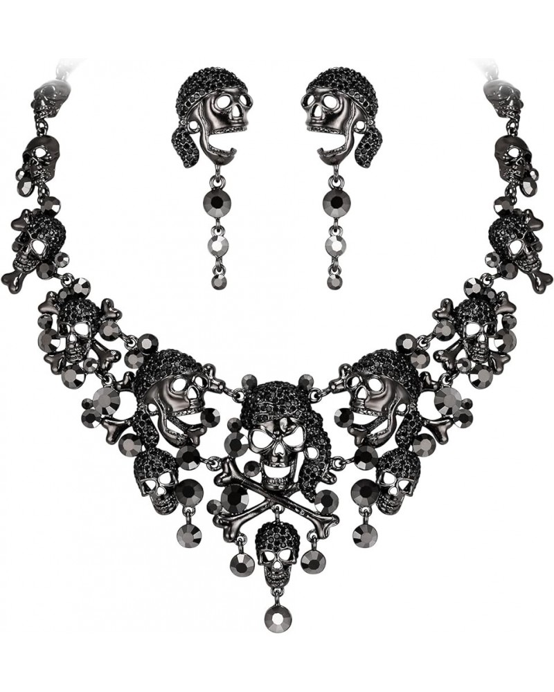 Austrian Crystal Vintage Style Halloween Skull Bone Cross Necklace Earrings Set Black Black-Tone $22.39 Jewelry Sets