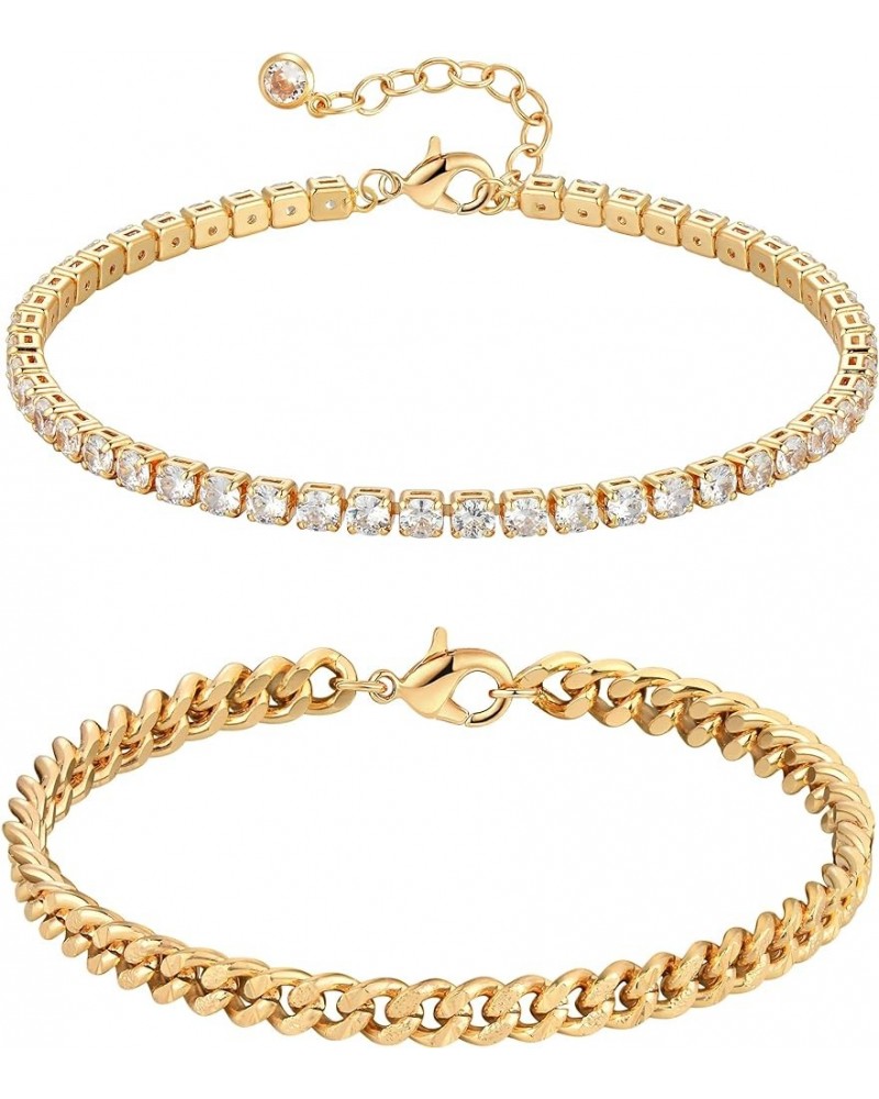 Bracelet for Women Gold Layered Set 2 Layer 14K Gold Plated Simple Dainty Chain Everyday Jewelry Tennis & Cuban B $11.15 Brac...