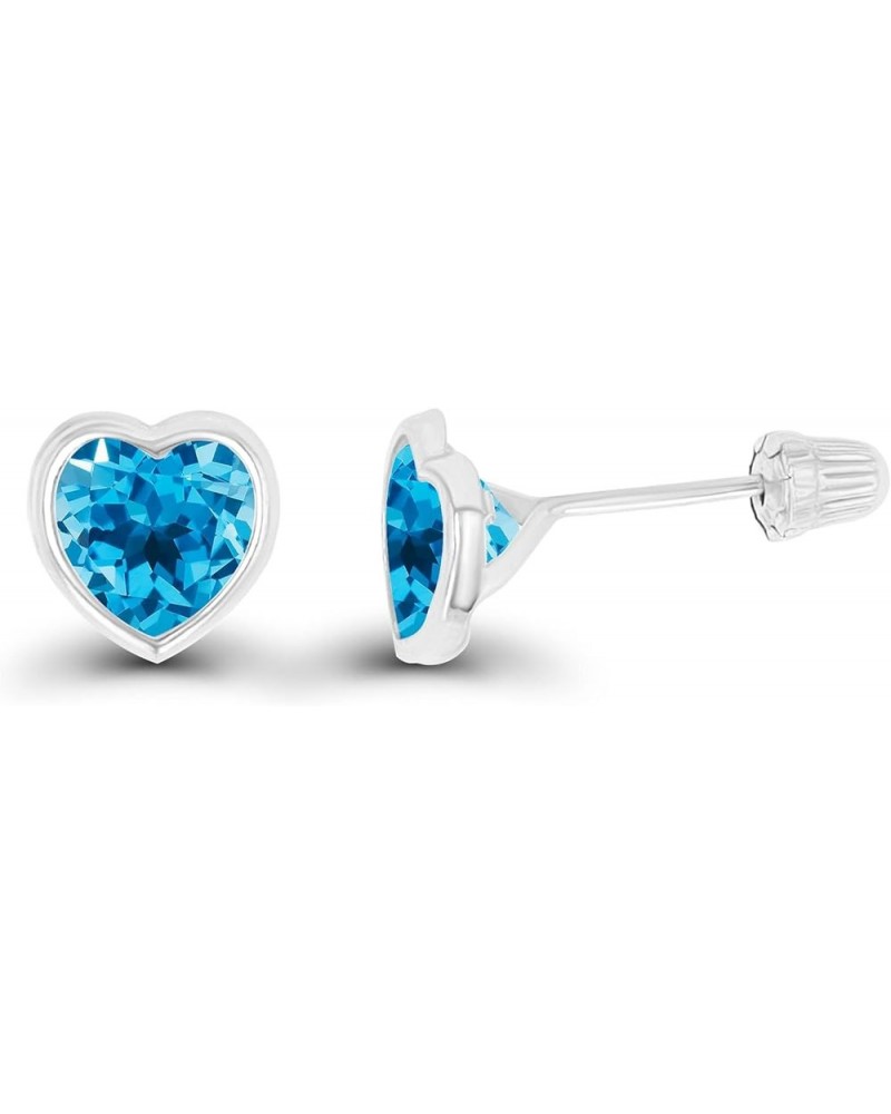 Solid 14K Gold Hypoallergenic 6mm Heart Shaped Birthstone Polished Bezel Screw Back Stud Earrings Blue Topaz-Swiss Blue Topaz...