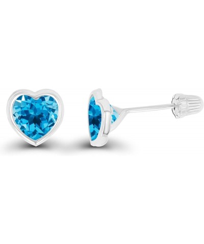 Solid 14K Gold Hypoallergenic 6mm Heart Shaped Birthstone Polished Bezel Screw Back Stud Earrings Blue Topaz-Swiss Blue Topaz...