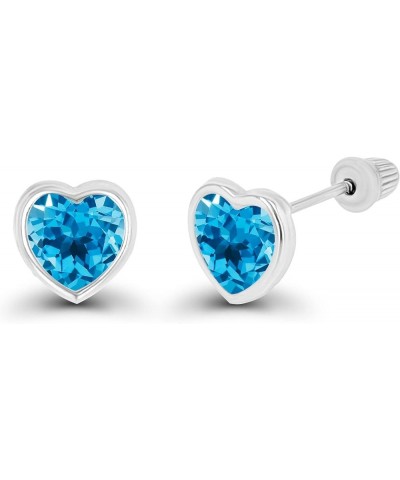 Solid 14K Gold Hypoallergenic 6mm Heart Shaped Birthstone Polished Bezel Screw Back Stud Earrings Blue Topaz-Swiss Blue Topaz...