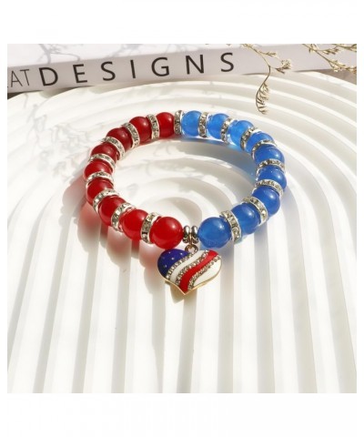 USA American Flag Bracelet for Women Natural Stone Heart Bracelets Patriotic 4th of July Independence Day Gift 10mm Beads-Hea...