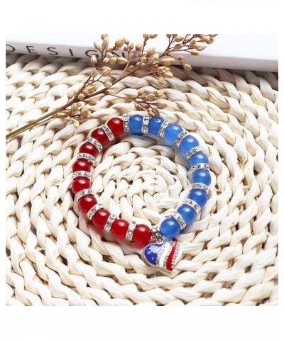 USA American Flag Bracelet for Women Natural Stone Heart Bracelets Patriotic 4th of July Independence Day Gift 10mm Beads-Hea...