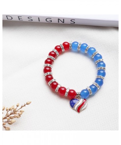 USA American Flag Bracelet for Women Natural Stone Heart Bracelets Patriotic 4th of July Independence Day Gift 10mm Beads-Hea...