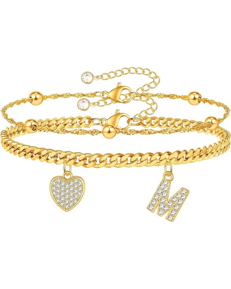 Gold Initial Ankle Bracelets for Women 14K Gold Plated Heart Initial Charm Gold Anklets for Women Cuban Figaro Bead Link Chai...