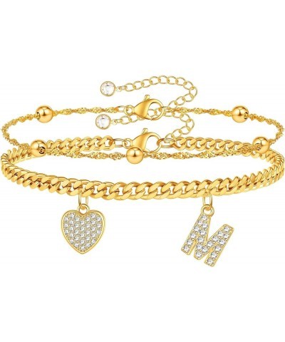 Gold Initial Ankle Bracelets for Women 14K Gold Plated Heart Initial Charm Gold Anklets for Women Cuban Figaro Bead Link Chai...