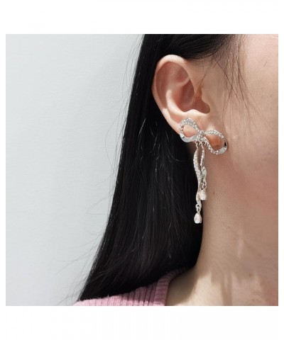 Silver Gold Bow Ribbons Earrings For Women Rhinestone Bow Drop Earrings Bow Hoop Earrings Huggies Crystal Bowknot Tassels Ear...