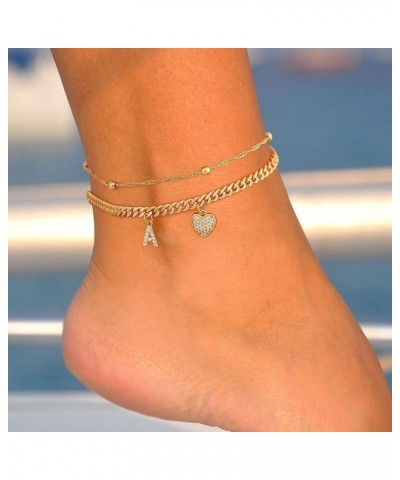 Gold Initial Ankle Bracelets for Women 14K Gold Plated Heart Initial Charm Gold Anklets for Women Cuban Figaro Bead Link Chai...