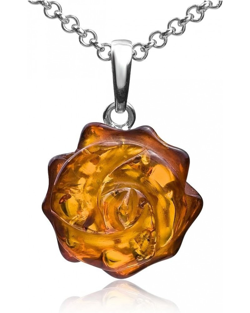 Amber Sterling Silver Rose Pendant Necklace 18 Inches $25.50 Necklaces