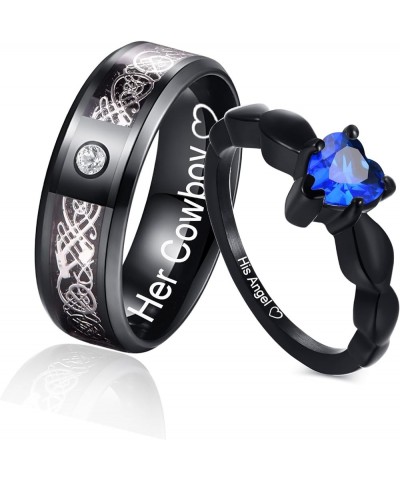 MZZJ Personalized His Hers Couple Rings Men's 8MM Celtic Dragon Pattern & Women's Blue Heart Shape Cubic Zirconia Black Stain...