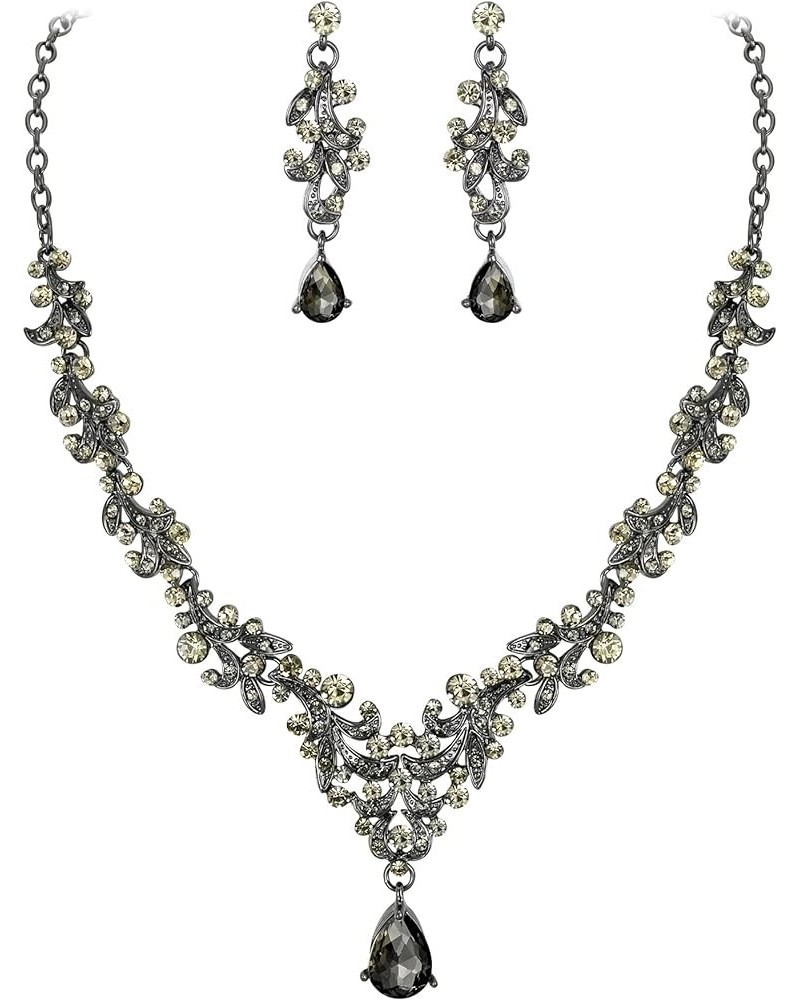 Wedding Jewelry for Bride Austrian Crystal Floral Necklace and Earrings Set Gifts fit with Wedding Guest Dress Grey Black-Ton...