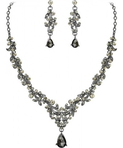 Wedding Jewelry for Bride Austrian Crystal Floral Necklace and Earrings Set Gifts fit with Wedding Guest Dress Grey Black-Ton...