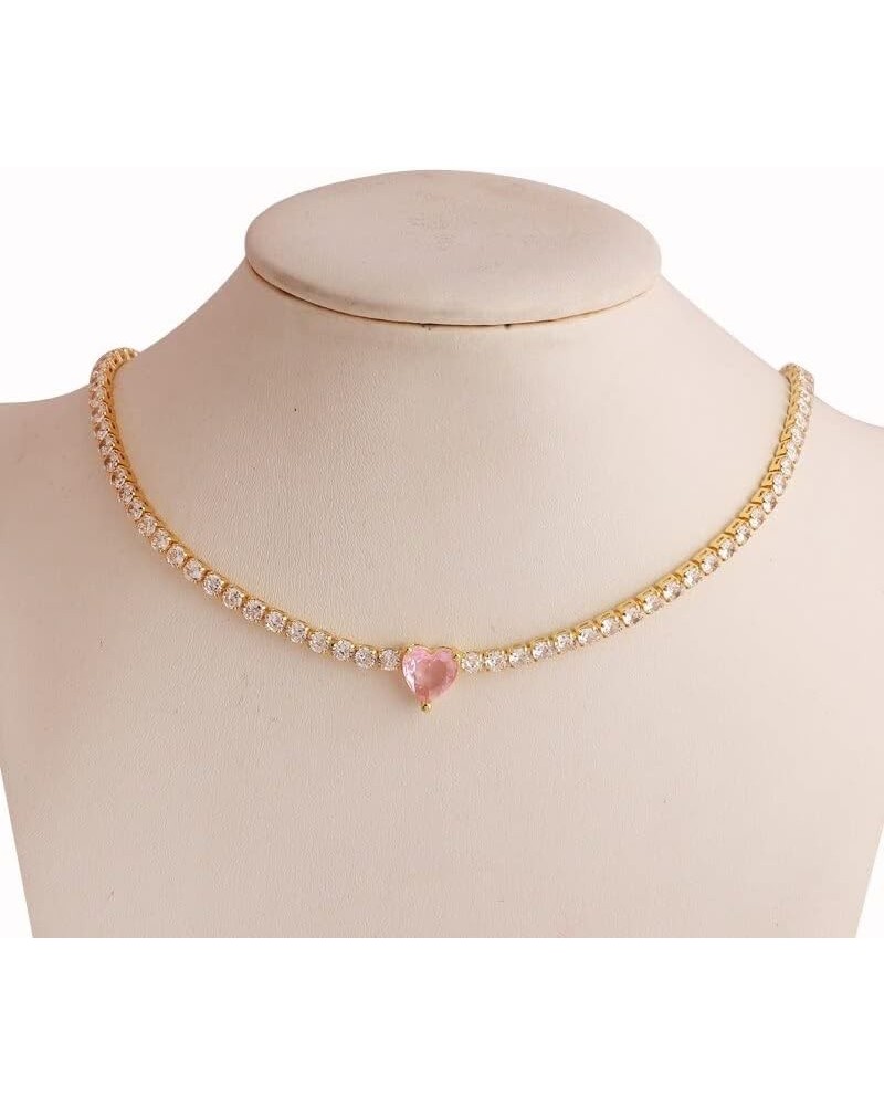 Fashion jewelry- hip hop iced chain tennis Necklace, Pink Freen Heart Pendent Gold Plated Tennis Chain Paved Crystal Chain Ch...