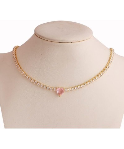 Fashion jewelry- hip hop iced chain tennis Necklace, Pink Freen Heart Pendent Gold Plated Tennis Chain Paved Crystal Chain Ch...