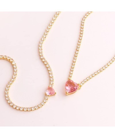 Fashion jewelry- hip hop iced chain tennis Necklace, Pink Freen Heart Pendent Gold Plated Tennis Chain Paved Crystal Chain Ch...