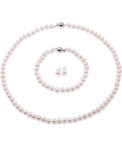 White Freshwater Pearl Necklace Bracelet and Earrings Set Pearl Jewellery Set AA + 5-6mm $31.50 Jewelry Sets