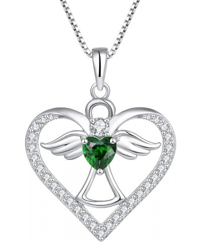 Guardian Angel Necklace 925 Sterling Silver Love Heart Angel Pendant with AAAAA CZ, Gift for Her May - Emerald $32.50 Necklaces