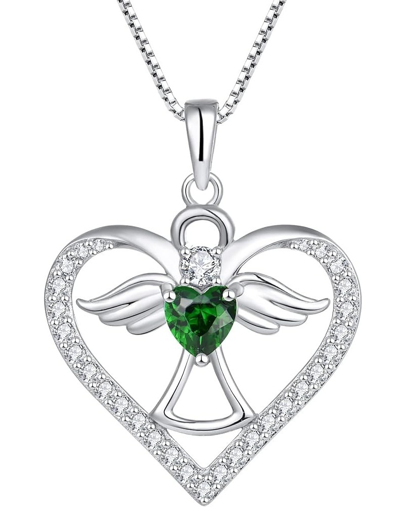 Guardian Angel Necklace 925 Sterling Silver Love Heart Angel Pendant with AAAAA CZ, Gift for Her May - Emerald $32.50 Necklaces