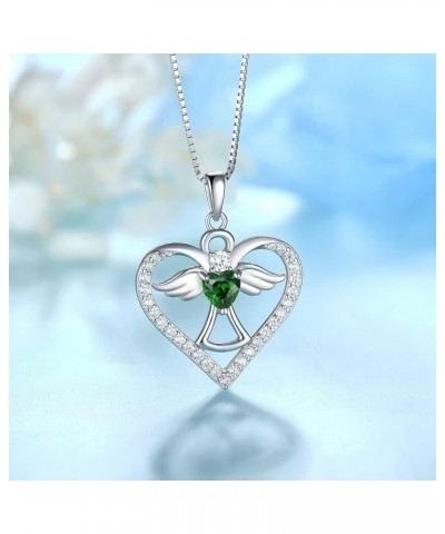 Guardian Angel Necklace 925 Sterling Silver Love Heart Angel Pendant with AAAAA CZ, Gift for Her May - Emerald $32.50 Necklaces