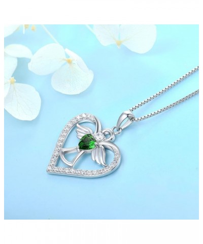 Guardian Angel Necklace 925 Sterling Silver Love Heart Angel Pendant with AAAAA CZ, Gift for Her May - Emerald $32.50 Necklaces