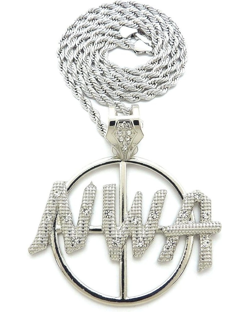 Stone Stud Textured NWA on Sight Target Pendant with 4 mm 24" Rope Chain Necklace Silver-Tone $11.00 Necklaces