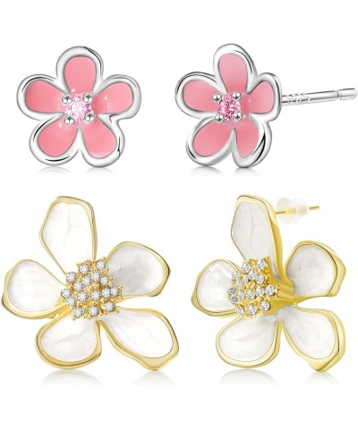 2 Pairs Flower Earrings Set for Women, Cute Pink Flower Stud Earring Cubic Zirconia Plated Blossom Earrings Hypoallergenic St...