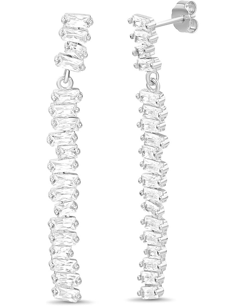 Sterling Silver Rainbow Baguette Cubic Zirconia Bar Drop Dangle Earrings for Women with Post and Nut Backs White $13.32 Earrings