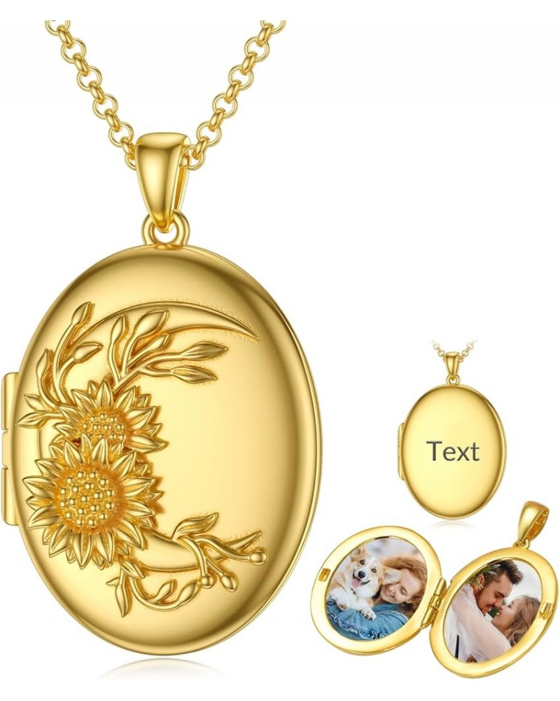 10K 14K 18K Solid Gold/Plated Gold Oval Locket That Holds Multi Pictures Personalized Oval Sunflower/Starburst/Rose Locket Ne...