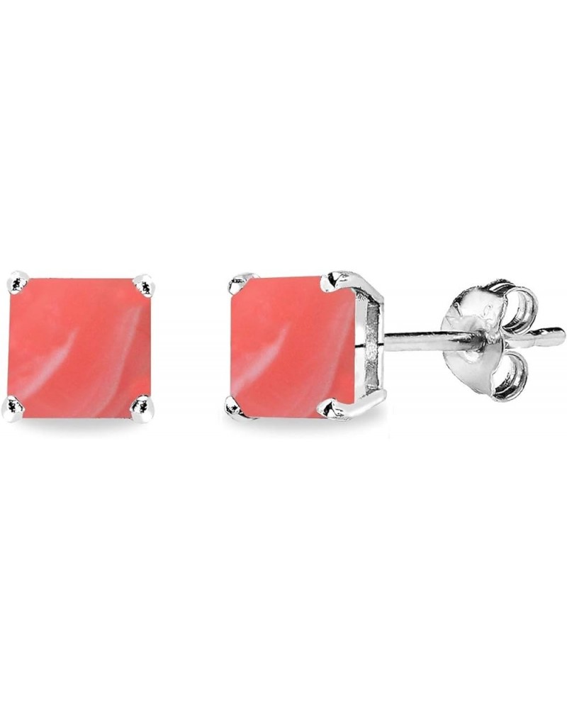 Sterling Silver Cabochon Stone 6mm Square Prong-Set Stud Earrings Dyed Coral $11.54 Earrings