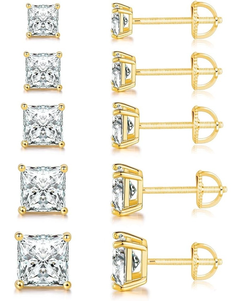 18K Gold Plated Princess Cut Cubic Zirconia Screw Back Stud Earring Pack of 5 Pairs (5 Pairs) B-yellow gold $8.80 Earrings