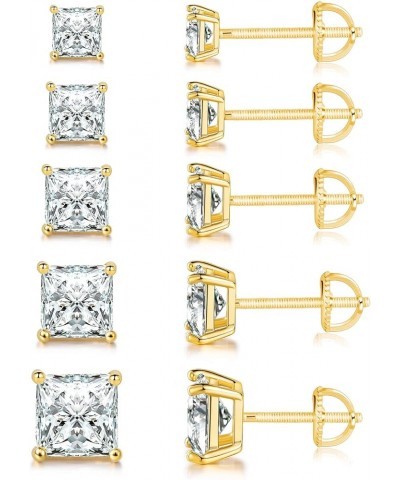 18K Gold Plated Princess Cut Cubic Zirconia Screw Back Stud Earring Pack of 5 Pairs (5 Pairs) B-yellow gold $8.80 Earrings